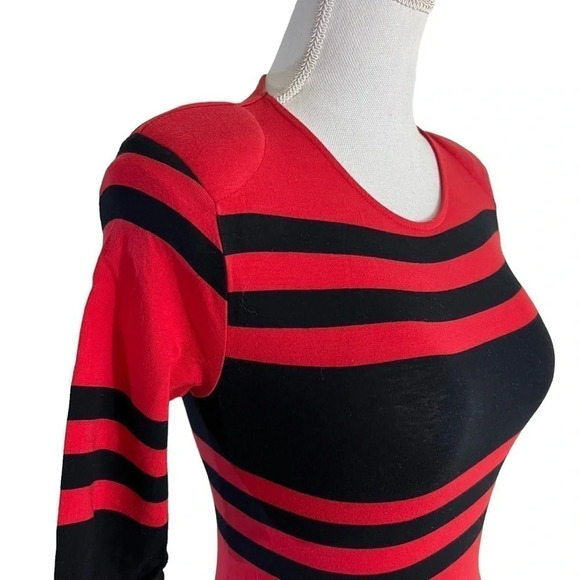 French Connection Black and Red Striped Bodycon Stretch Dress Size 4 Keyhole - Picture 5 of 8